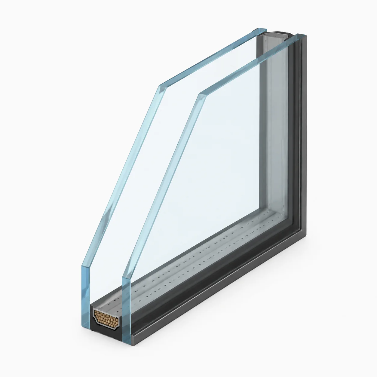 Cross-section of a 4mm double glazed unit showing two panes and spacer cavity
